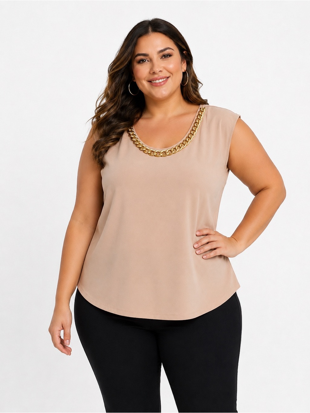 Calvin Klein 3X Beige Chain Neck Sleeveless Blouse Plus Size Elegant Top